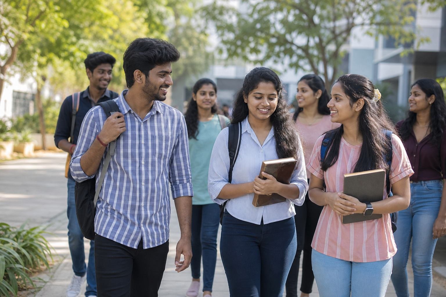 College students walking and talking on a modern campus