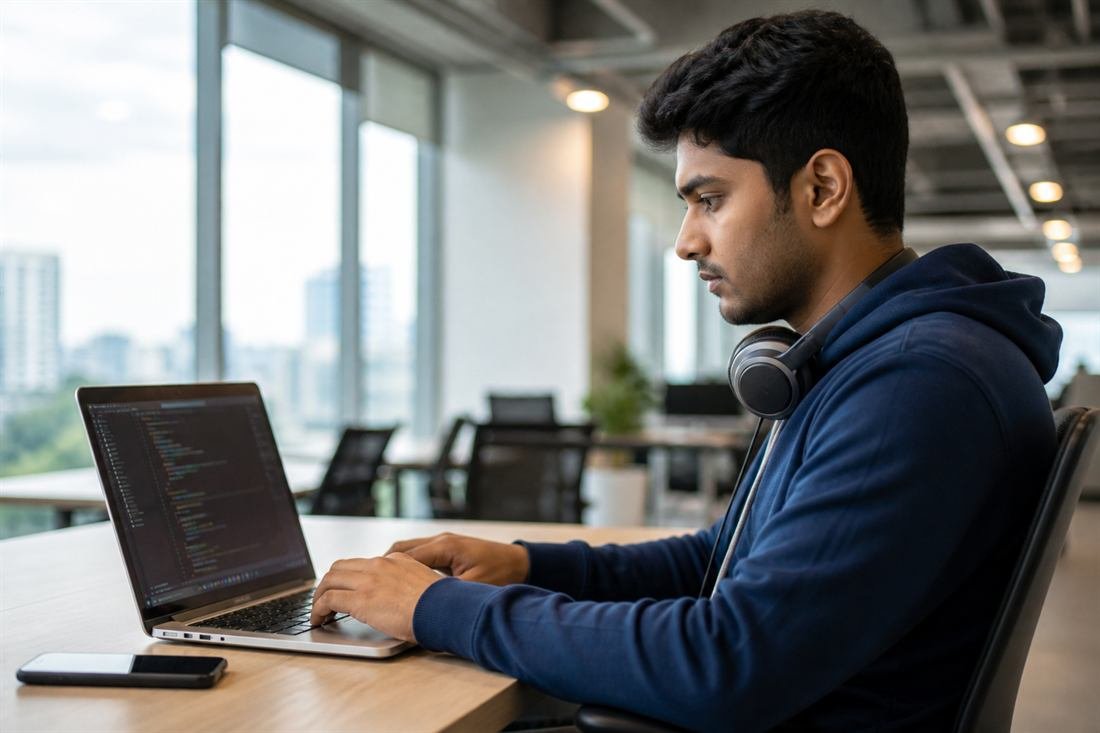 Student in an IT workspace using a laptop